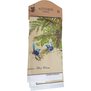 Tea Towel - Blue Wrens (Beige)